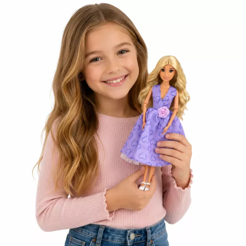 LEAN TOYS Anlily modes lelle purpura kleitā ar sirsniņām un somas aksesuāru komplekts