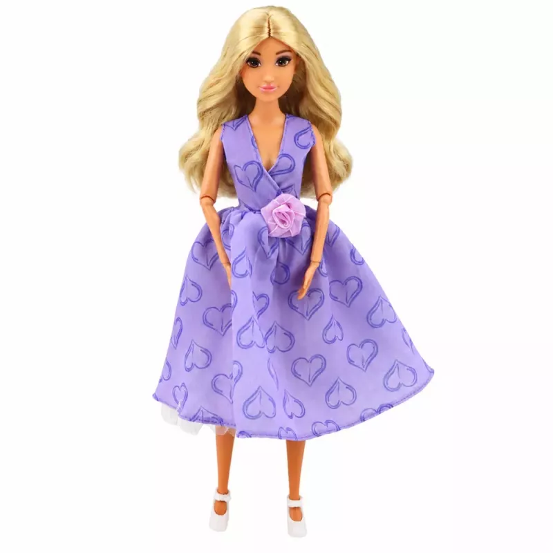 LEAN TOYS Anlily modes lelle purpura kleitā ar sirsniņām un somas aksesuāru komplekts