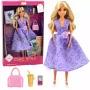 LEAN TOYS Anlily modes lelle purpura kleitā ar sirsniņām un somas aksesuāru komplekts