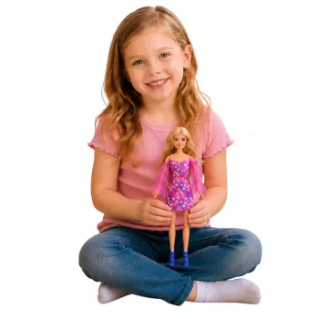 LEAN TOYS Anlily modes lelle rozā kleitā ar baltu sunīti, somiņu un brillēm