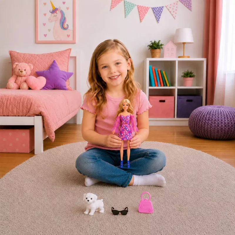LEAN TOYS Anlily modes lelle rozā kleitā ar baltu sunīti, somiņu un brillēm