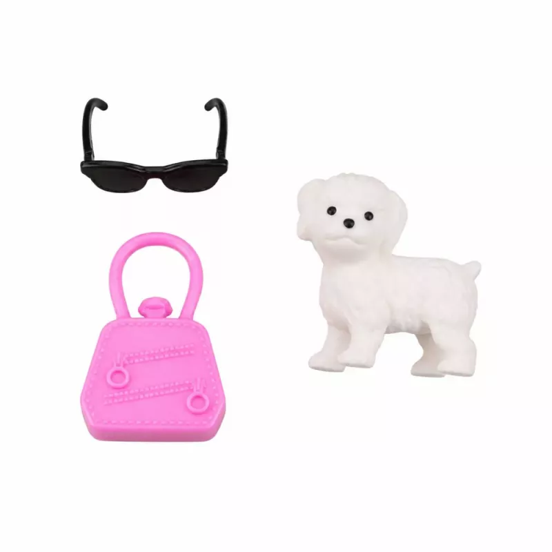 LEAN TOYS Anlily modes lelle rozā kleitā ar baltu sunīti, somiņu un brillēm