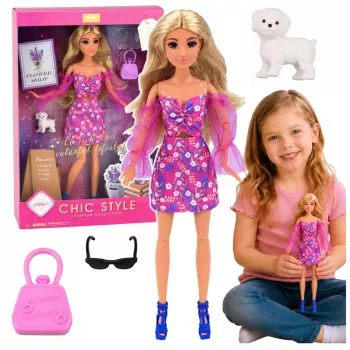 LEAN TOYS Anlily modes lelle rozā kleitā ar baltu sunīti, somiņu un brillēm
