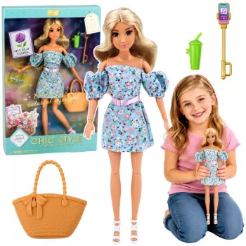 LEAN TOYS Anlily modes lelle zilā ziedu kleitā, somiņas un aksesuāru komplekts