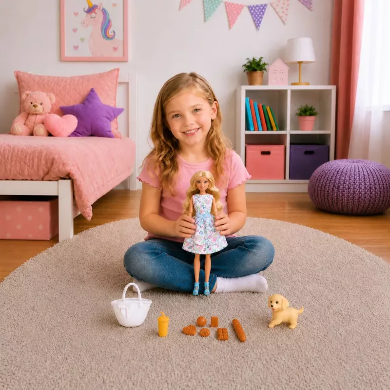 LEAN TOYS Anlily lelle ar suni, ziedu kleita, soma, uzkodas, aksesuāru komplekts