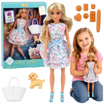 LEAN TOYS Anlily lelle ar suni, ziedu kleita, soma, uzkodas, aksesuāru komplekts