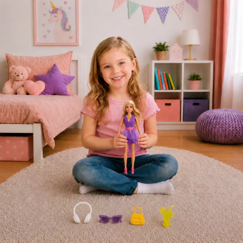 LEAN TOYS Anlily modes lelle purpura kleitā ar austiņām un aksesuāriem