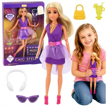 LEAN TOYS Anlily modes lelle purpura kleitā ar austiņām un aksesuāriem