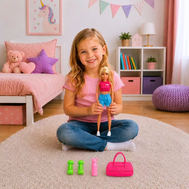 LEAN TOYS Anlily Doll in Sports Outfit with Dumbbells, Water Bottle, Bag, Accessories Set