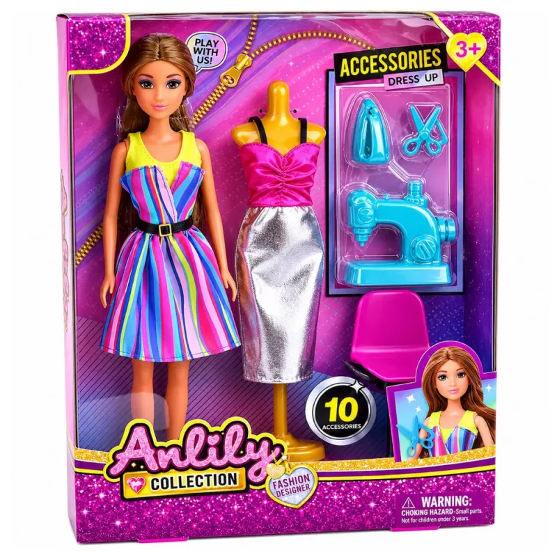 LEAN TOYS Anlily Apģērbu dizainera šūšanas mašīnas manekena leļļu komplekts