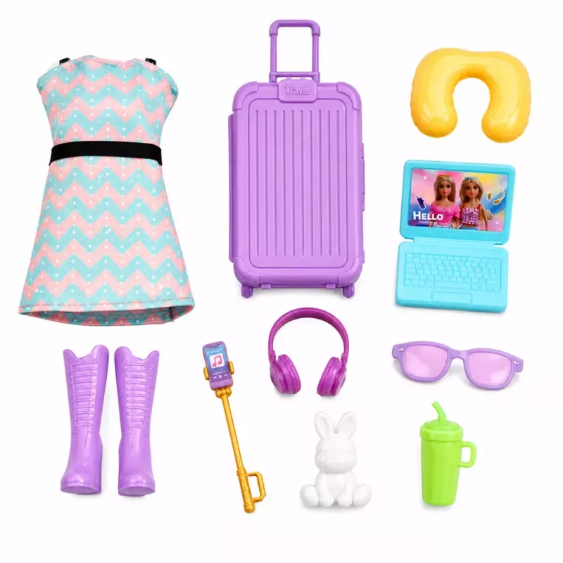 LEAN TOYS Anlily Traveler Doll ar koferi, ceļojumu spilvenu, portatīvo datoru un aksesuāriem