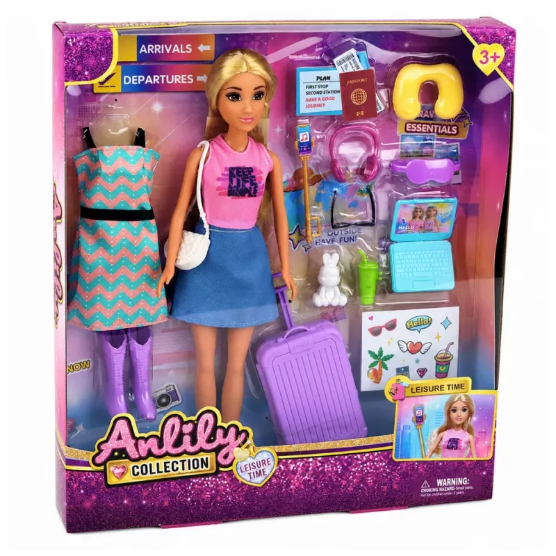LEAN TOYS Anlily Traveler Doll ar koferi, ceļojumu spilvenu, portatīvo datoru un aksesuāriem