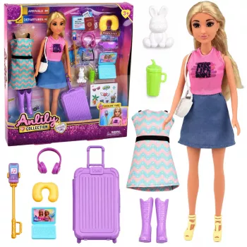 LEAN TOYS Anlily Traveler Doll ar koferi, ceļojumu spilvenu, portatīvo datoru un aksesuāriem