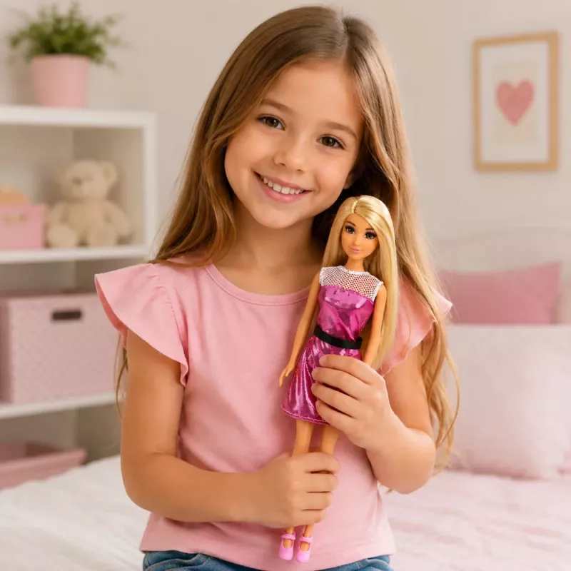 LEAN TOYS Anlily modes lelle rozā kleitā ar rokassomiņu, apaviem un aksesuāriem