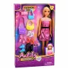 LEAN TOYS Anlily modes lelle rozā kleitā ar rokassomiņu, apaviem un aksesuāriem