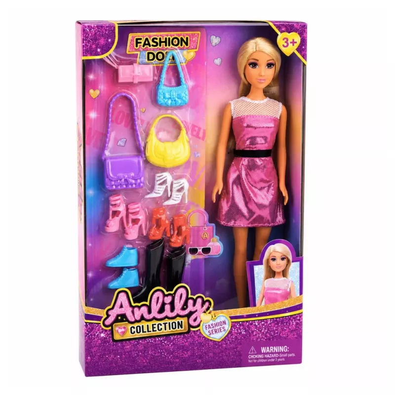 LEAN TOYS Anlily modes lelle rozā kleitā ar rokassomiņu, apaviem un aksesuāriem