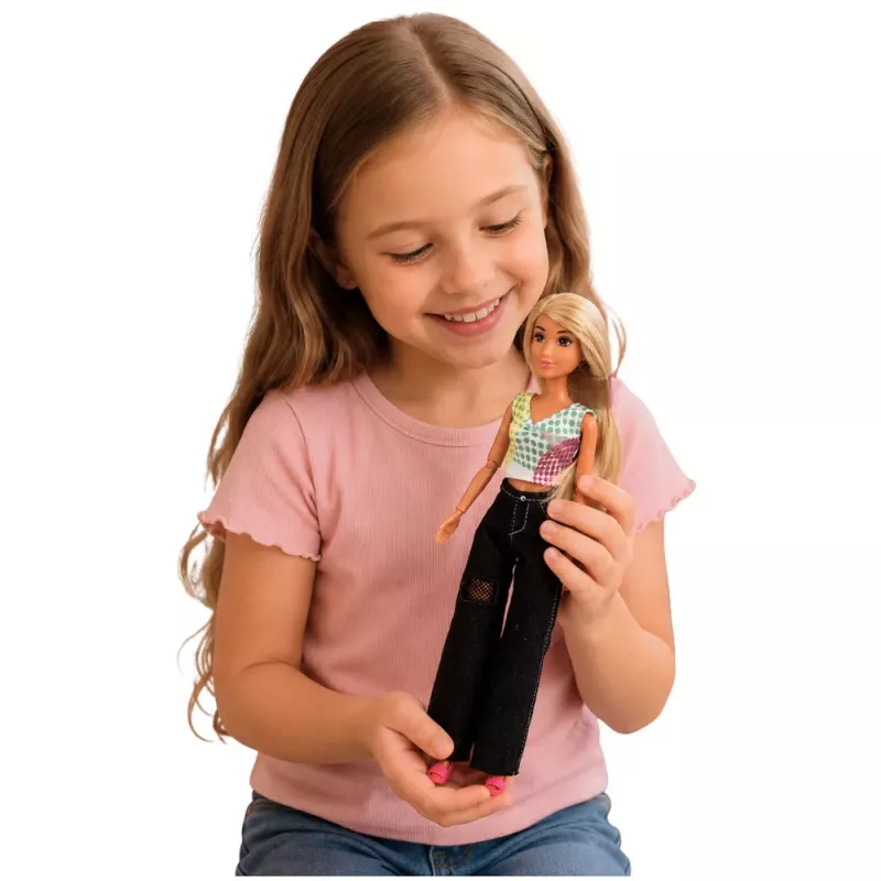 LEAN TOYS Anlily modes lelle tumšos džinsos, krāsainā topā, blondiem matiem