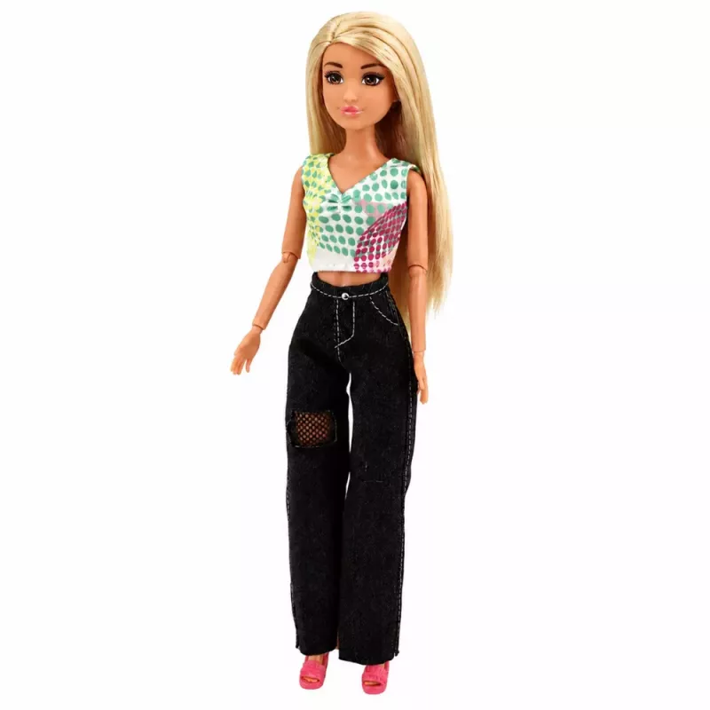 LEAN TOYS Anlily modes lelle tumšos džinsos, krāsainā topā, blondiem matiem