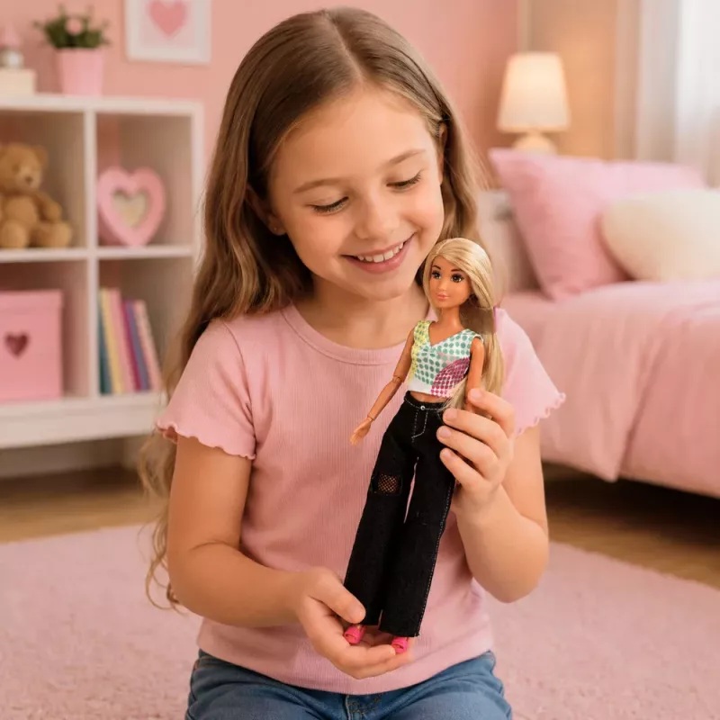 LEAN TOYS Anlily modes lelle tumšos džinsos, krāsainā topā, blondiem matiem