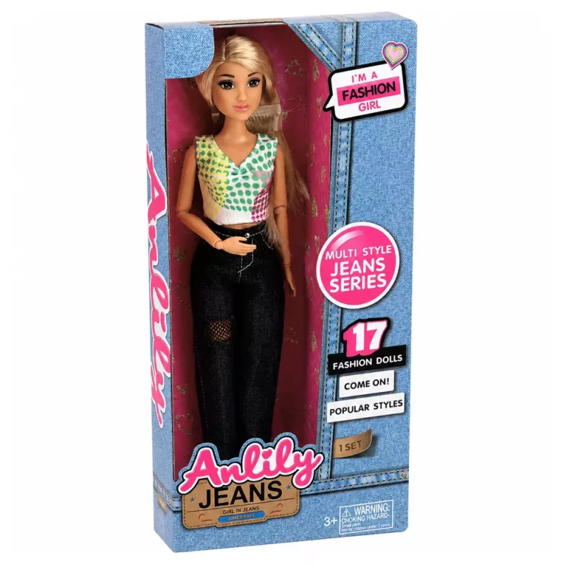 LEAN TOYS Anlily modes lelle tumšos džinsos, krāsainā topā, blondiem matiem