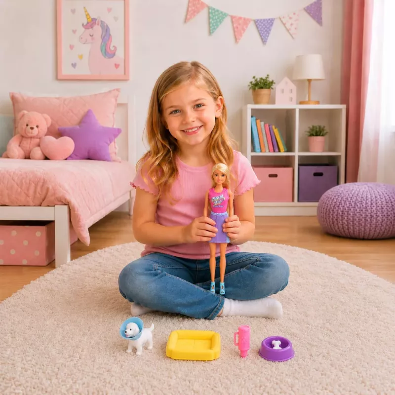 LEAN TOYS Anlily lelle ar baltu suni, gultu un aksesuāru komplektu