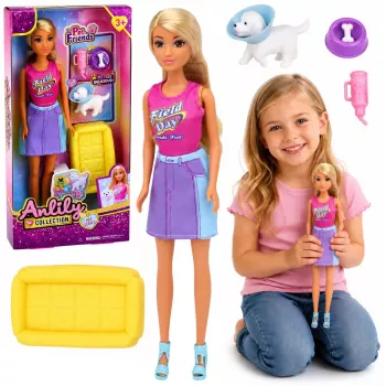 LEAN TOYS Anlily lelle ar baltu suni, gultu un aksesuāru komplektu