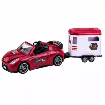LEAN TOYS Burgundas kabriolets ar zirgu treileri un atveramām durvīm 1:24 liešanas komplekts