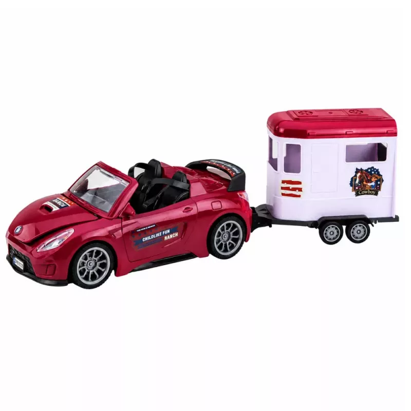 LEAN TOYS Burgundas kabriolets ar zirgu treileri un atveramām durvīm 1:24 liešanas komplekts