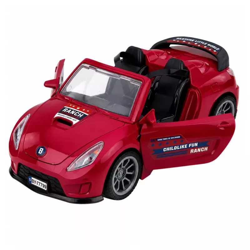 LEAN TOYS Burgundas kabriolets ar zirgu treileri un atveramām durvīm 1:24 liešanas komplekts