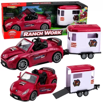 LEAN TOYS Burgundas kabriolets ar zirgu treileri un atveramām durvīm 1:24 liešanas komplekts