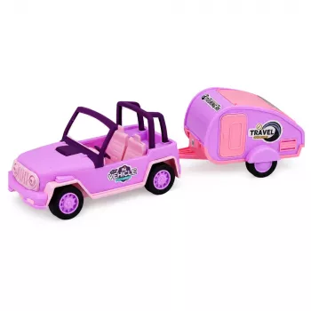 LEAN TOYS Bezceļu transportlīdzeklis ar kempinga piekabi Skaņas Rozā Ceļojumu komplekts