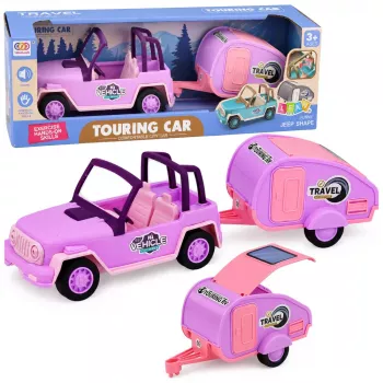 LEAN TOYS Bezceļu transportlīdzeklis ar kempinga piekabi Skaņas Rozā Ceļojumu komplekts