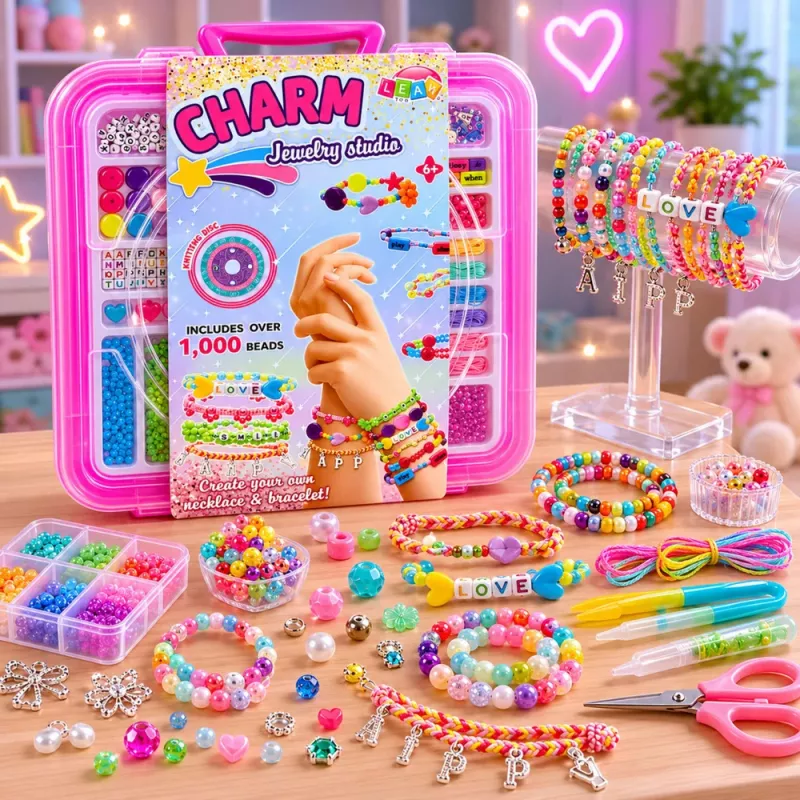 LEAN TOYS Rotaslietu veidošanas komplekts kastē - 1000 gabali krelles, piekariņi, burti