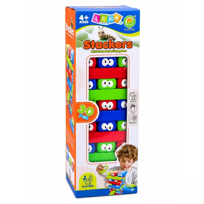 LEAN TOYS Prasmju spēle Bloku tornis ar acīm Kauliņš Krāsains 30 gab.