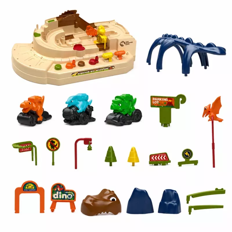 LEAN TOYS Interaktīvā manuālā arkādes trase ar dinozauriem 8 izaicinājumi transportlīdzekļi