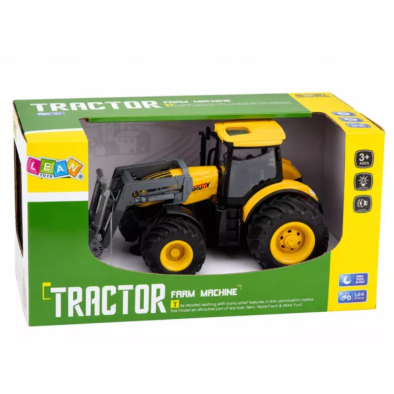LEAN TOYS Lauksaimniecības traktors ar buldozeru, gaismām, skaņām, dzeltens, 1:24