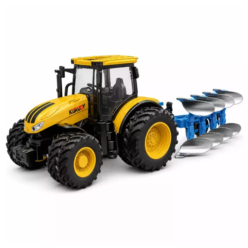 LEAN TOYS Lauksaimniecības traktors ar daudzvārpstu arklu, gaismas, skaņas, dzeltens, 1:24