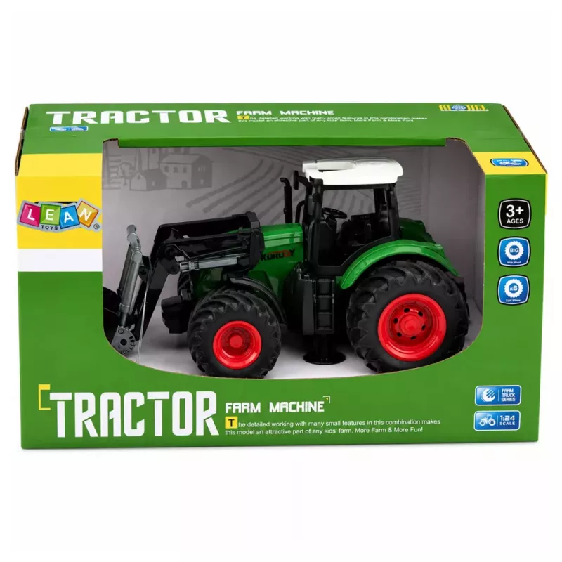 LEAN TOYS Lauksaimniecības traktors ar priekšējo iekrāvēju, gumijas riteņi, zaļš, 1:24