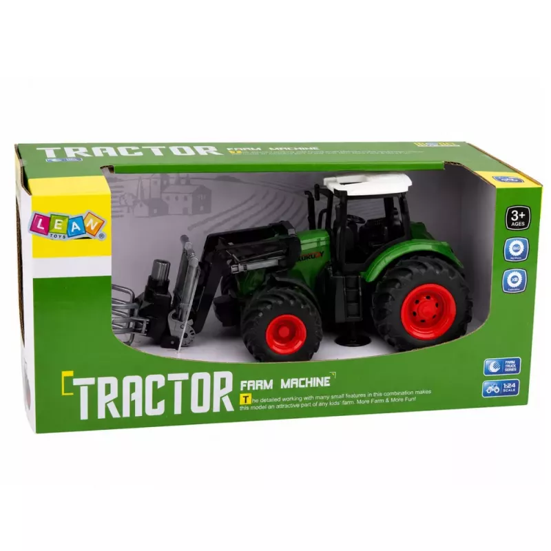 LEAN TOYS Lauksaimniecības traktors ar siena ķērāju, gumijas riteņiem, zaļš, 1:24