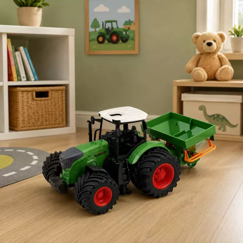 LEAN TOYS Lauksaimniecības traktors ar sējmašīnu, gumijas riteņi, 1:24 mēroga rotaļu transportlīdzeklis