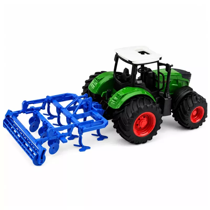 LEAN TOYS Lauksaimniecības traktors ar kultivatoru un augsnes apstrādes agregātu, zaļš, 1:24