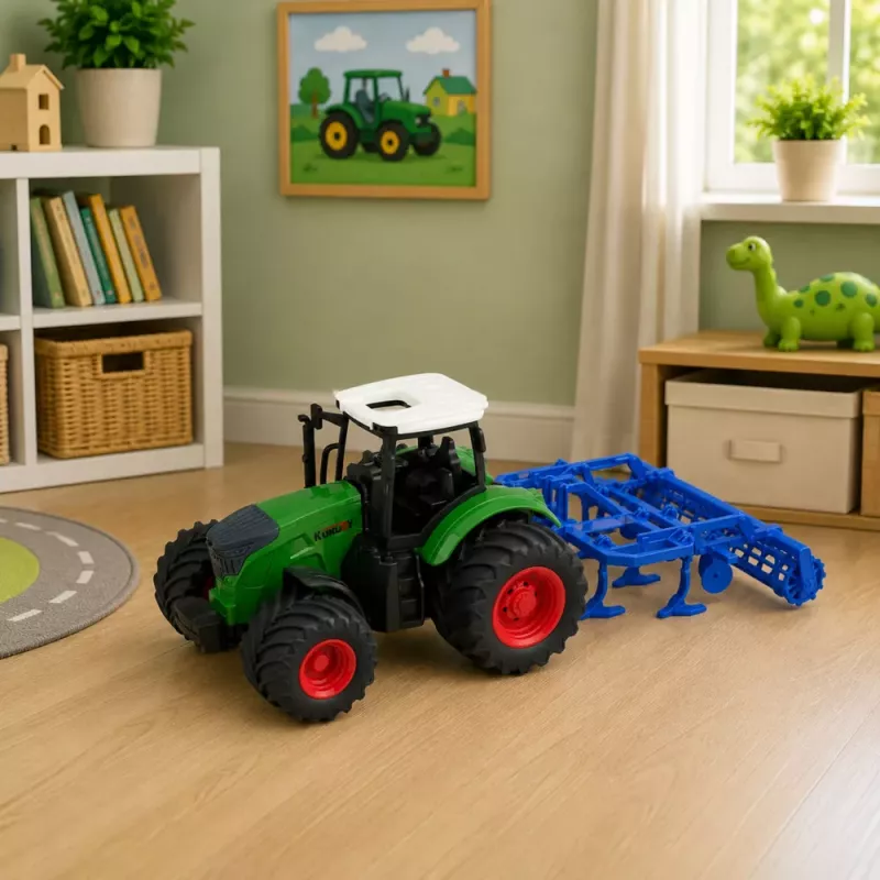 LEAN TOYS Lauksaimniecības traktors ar kultivatoru un augsnes apstrādes agregātu, zaļš, 1:24