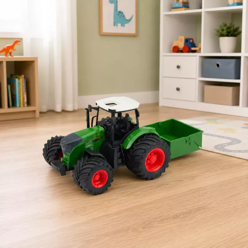 LEAN TOYS Lauksaimniecības traktors ar mēslojuma izkliedētāju, gumijas riteņi, zaļš, 1:24