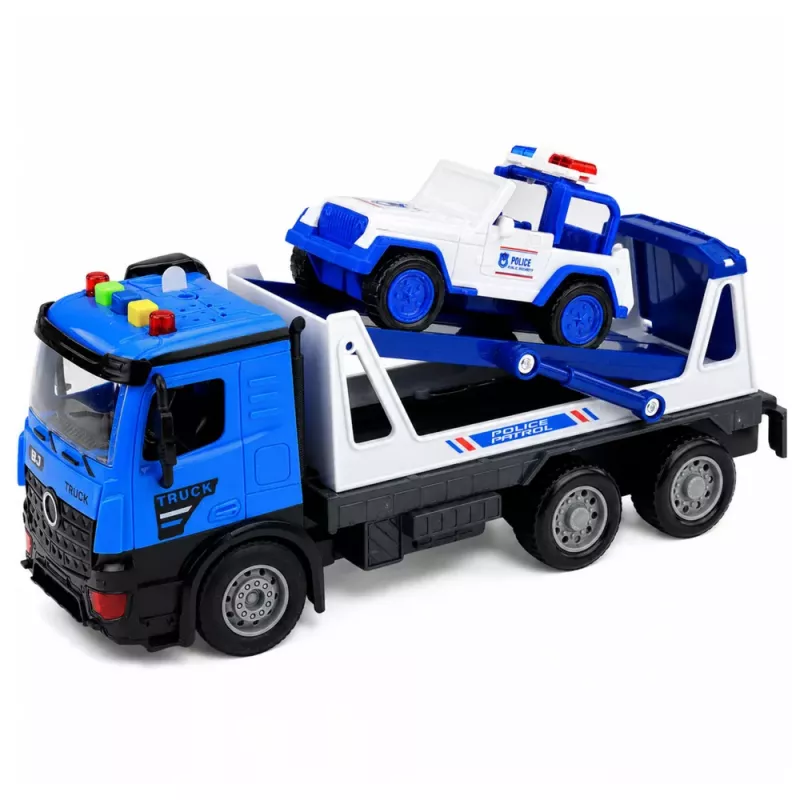 LEAN TOYS Policijas evakuators ar patruļas auto komplekts Gaismas Skaņas Zils