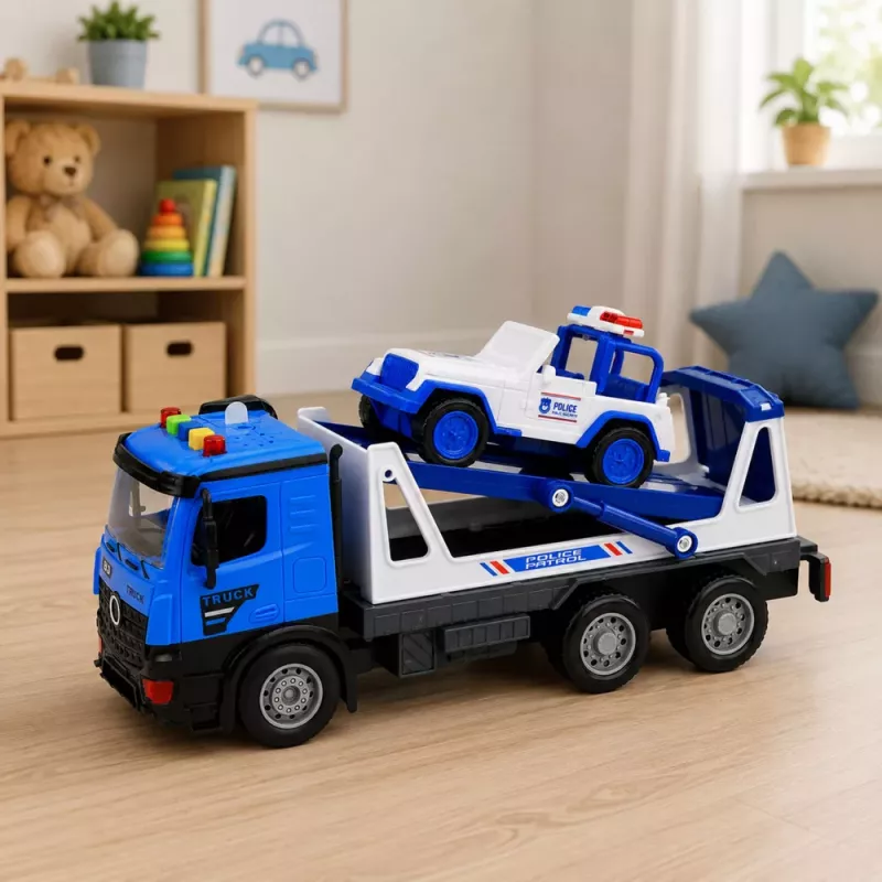 LEAN TOYS Policijas evakuators ar patruļas auto komplekts Gaismas Skaņas Zils