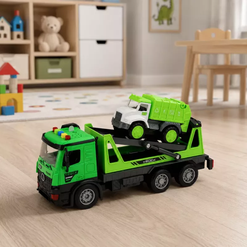 LEAN TOYS Atkritumu vedējs un evakuators ar gaismām un skaņām, zaļš