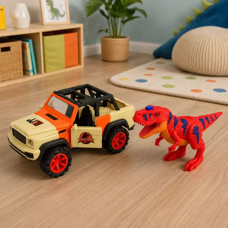 LEAN TOYS Bezceļu transportlīdzeklis ar T-Rex dinozauru, gaismām, skaņām, atveramām durvīm