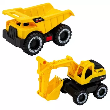 LEAN TOYS Būvniecības transportlīdzekļu komplekts Ekskavators Pašizgāzējs Kustīgas gaismas Skaņas Dzeltens