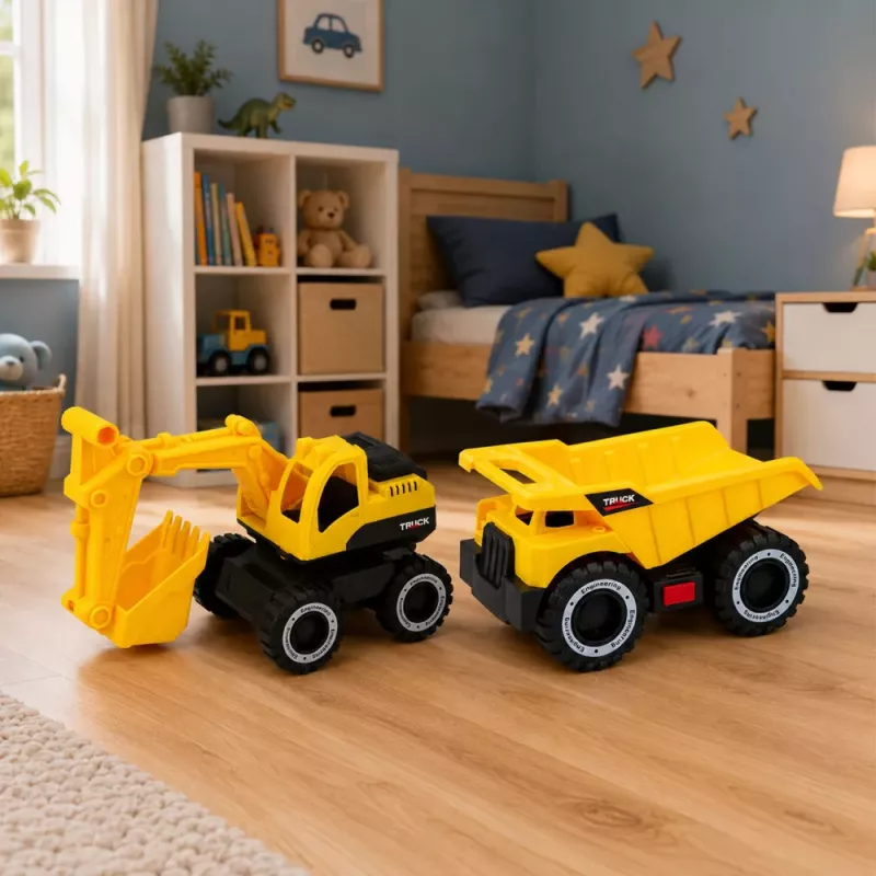 LEAN TOYS Būvniecības transportlīdzekļu komplekts Ekskavators Pašizgāzējs Kustīgas gaismas Skaņas Dzeltens