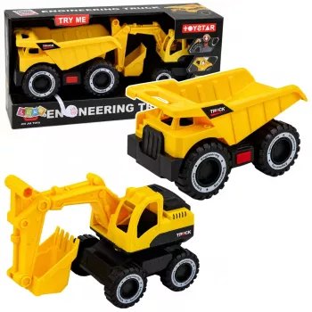 LEAN TOYS Būvniecības transportlīdzekļu komplekts Ekskavators Pašizgāzējs Kustīgas gaismas Skaņas Dzeltens
